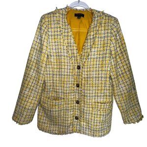 Ann Taylor Yellow & Blue Tweed Jacket Size 10 Classic Blazer Fringe Church Work